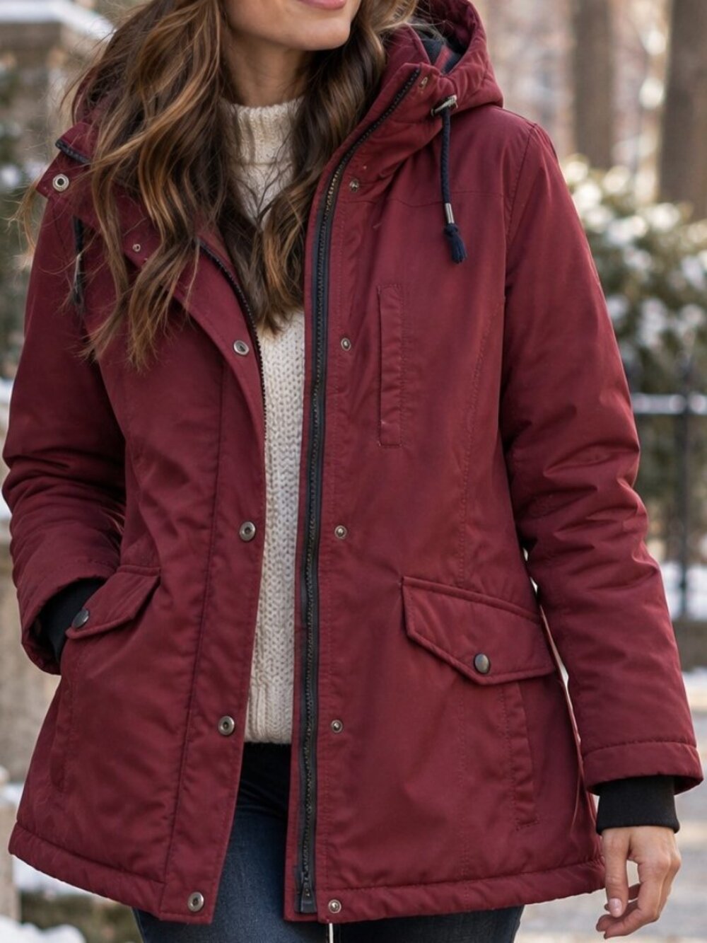 Sebby Womens M Burgundy Hooded Utility Parka Jacket Quilted Lined Fishtail Coat